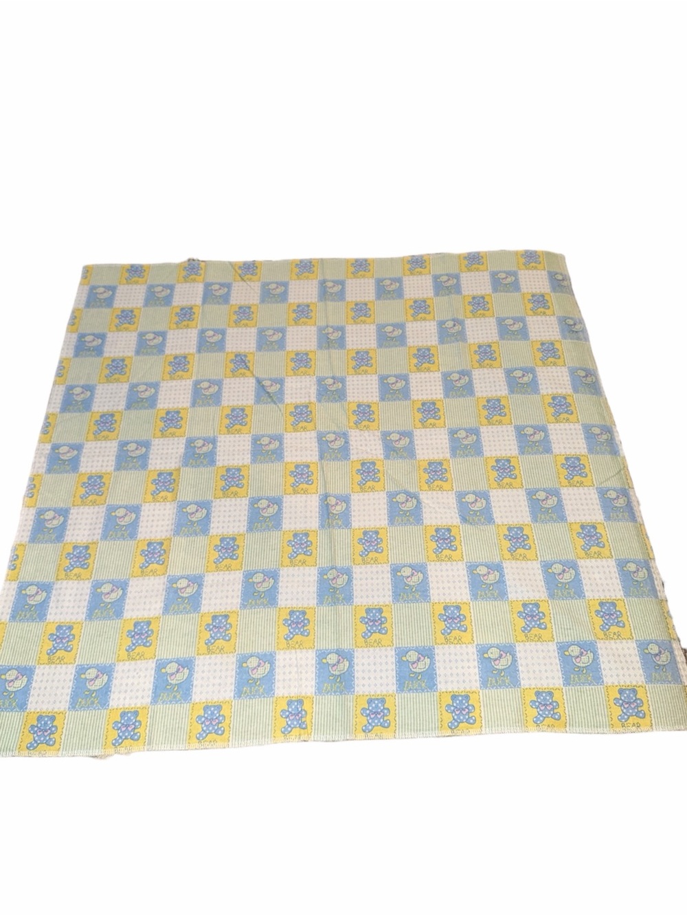 Vintage Blue and Yellow Checkered Baby Blanket with Teddy and Duck Motifs